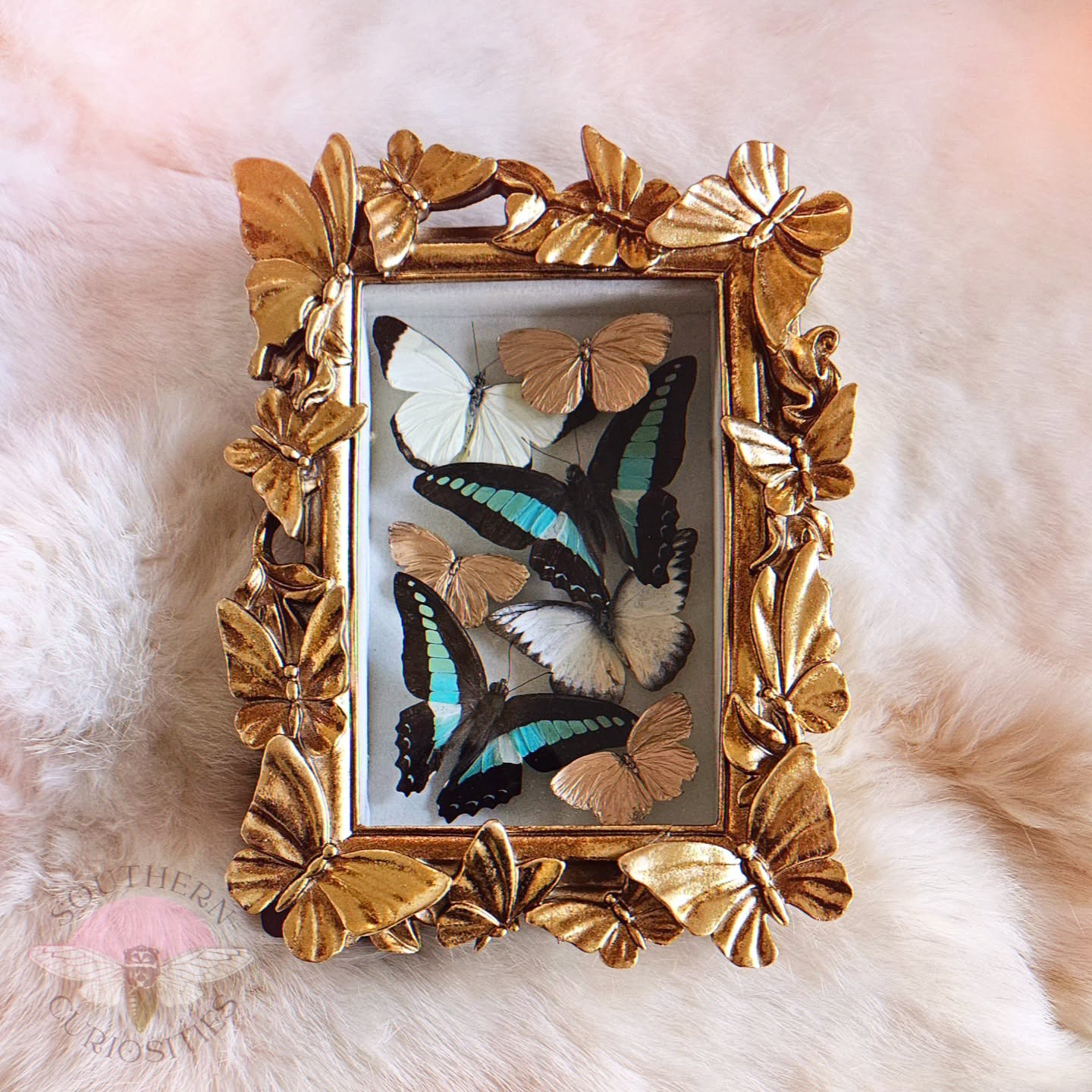 Decorative frame with butterflies and flowers, placed on a soft, light-colored surface.