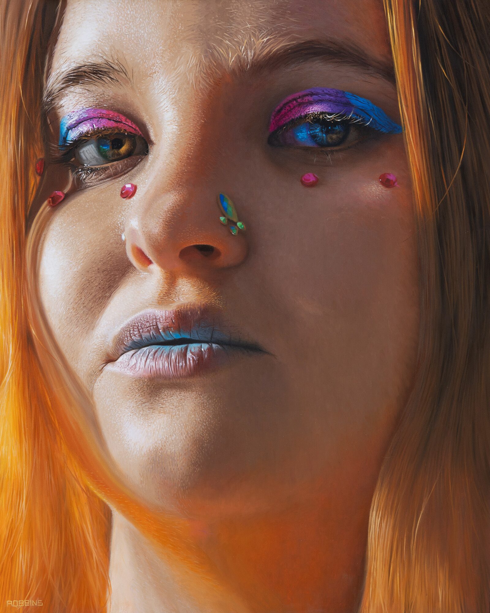 Close-up of a person's face with colorful eye makeup, facial piercings, and orange hair.
