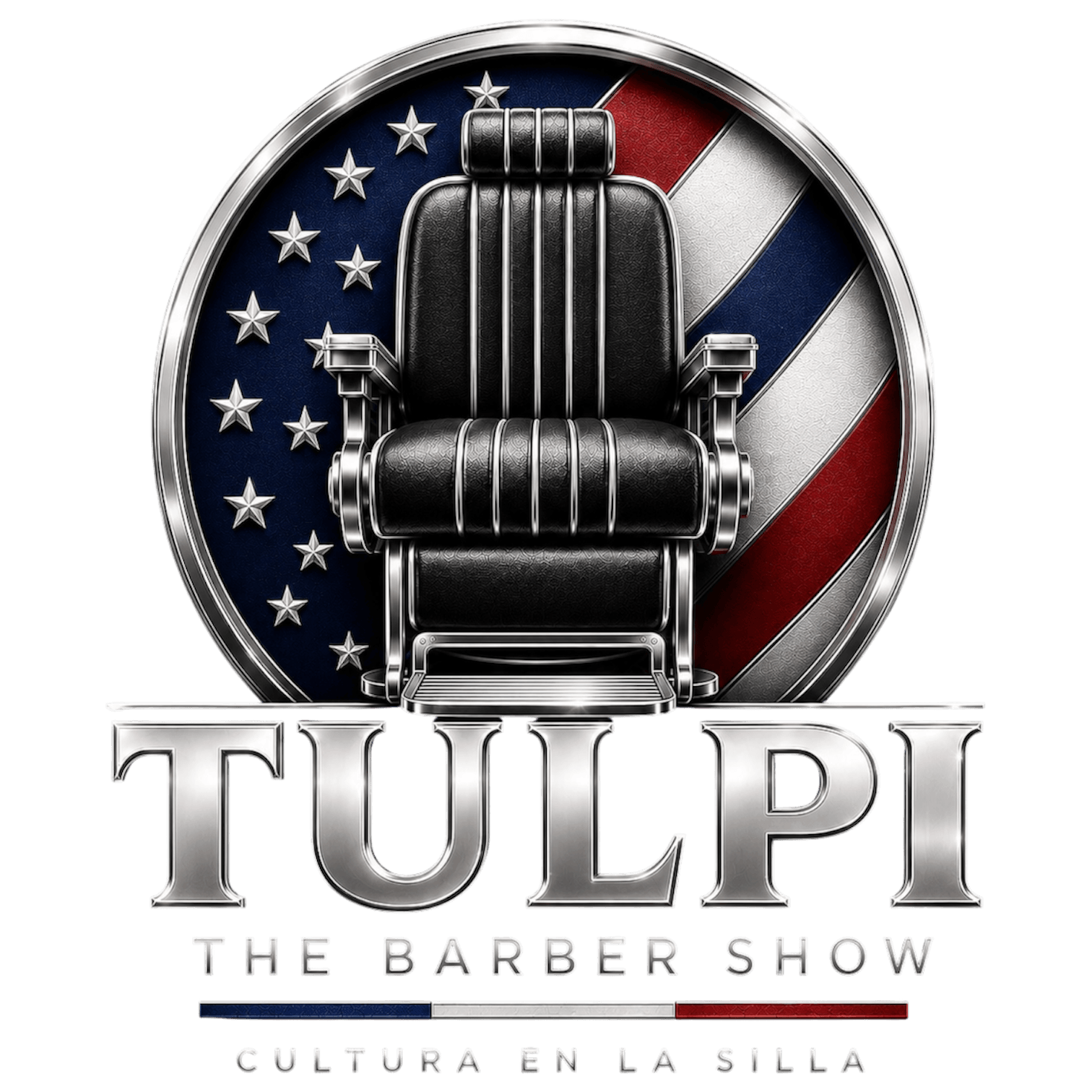A barber chair in front of a circular American flag background with the text 'TULPI THE BARBER SHOW' and 'CULTURA EN LA SILLA'.