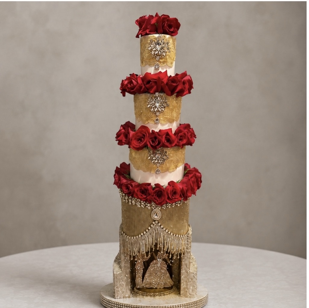 Tall decorative cake with gold and red flowers, silver embellishments, and hanging beads, on a white table against a plain background.
