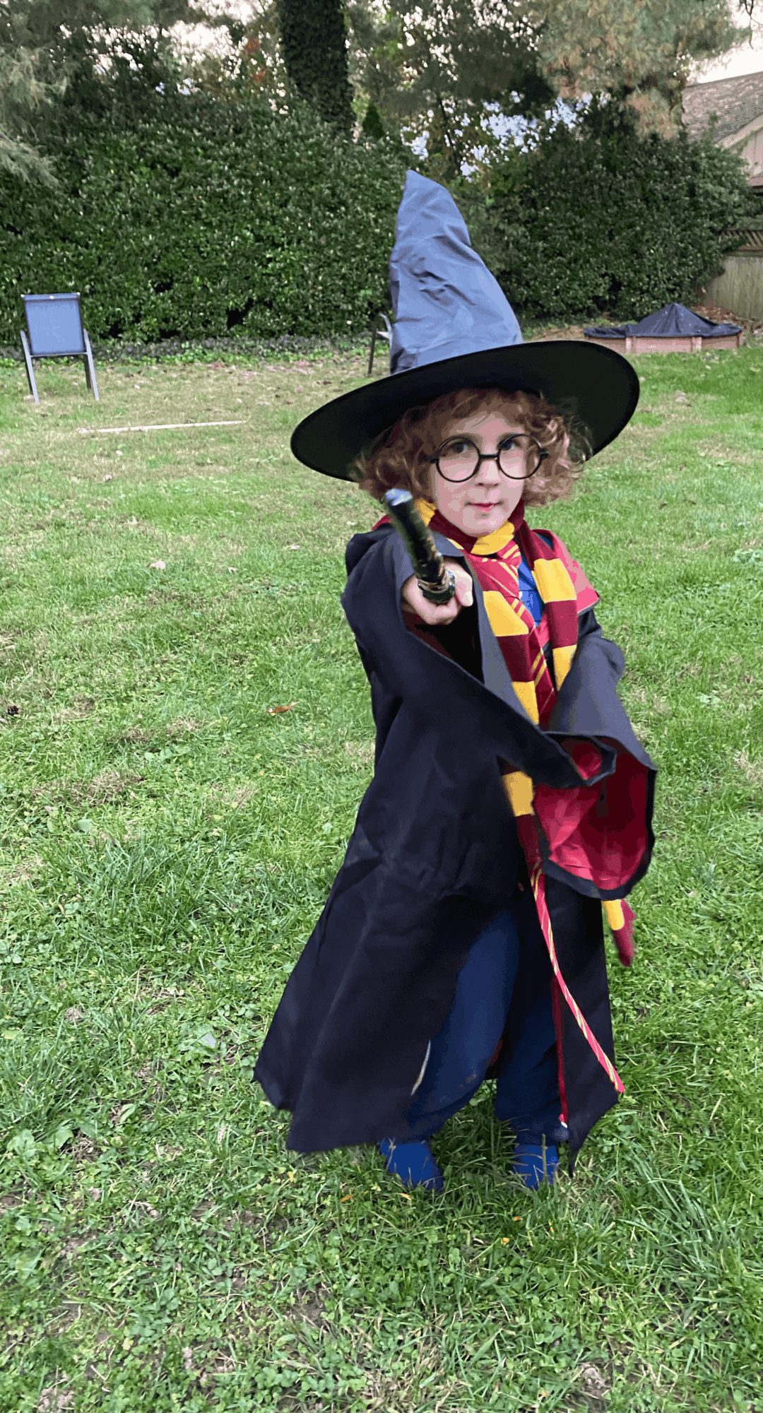 Child dressed as a wizard with a tall hat, glasses, and a robe, standing on grass outdoors.