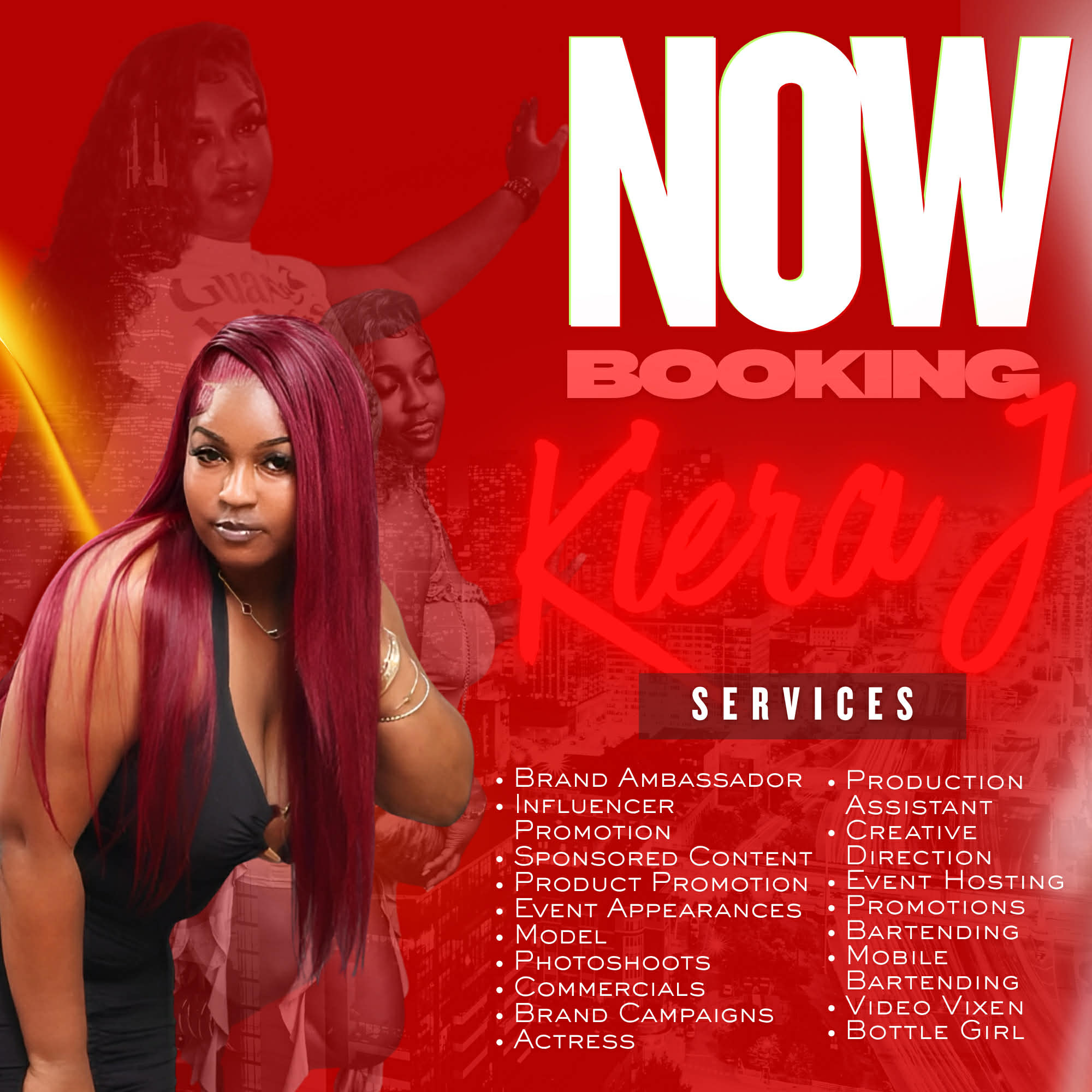 Group of women, one with long red hair, in front of a red background with booking services text.
