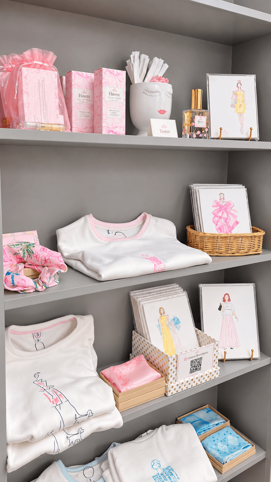 Shelves with pink gift boxes, a white vase with sticks, skincare products, folded clothes, and framed pictures.