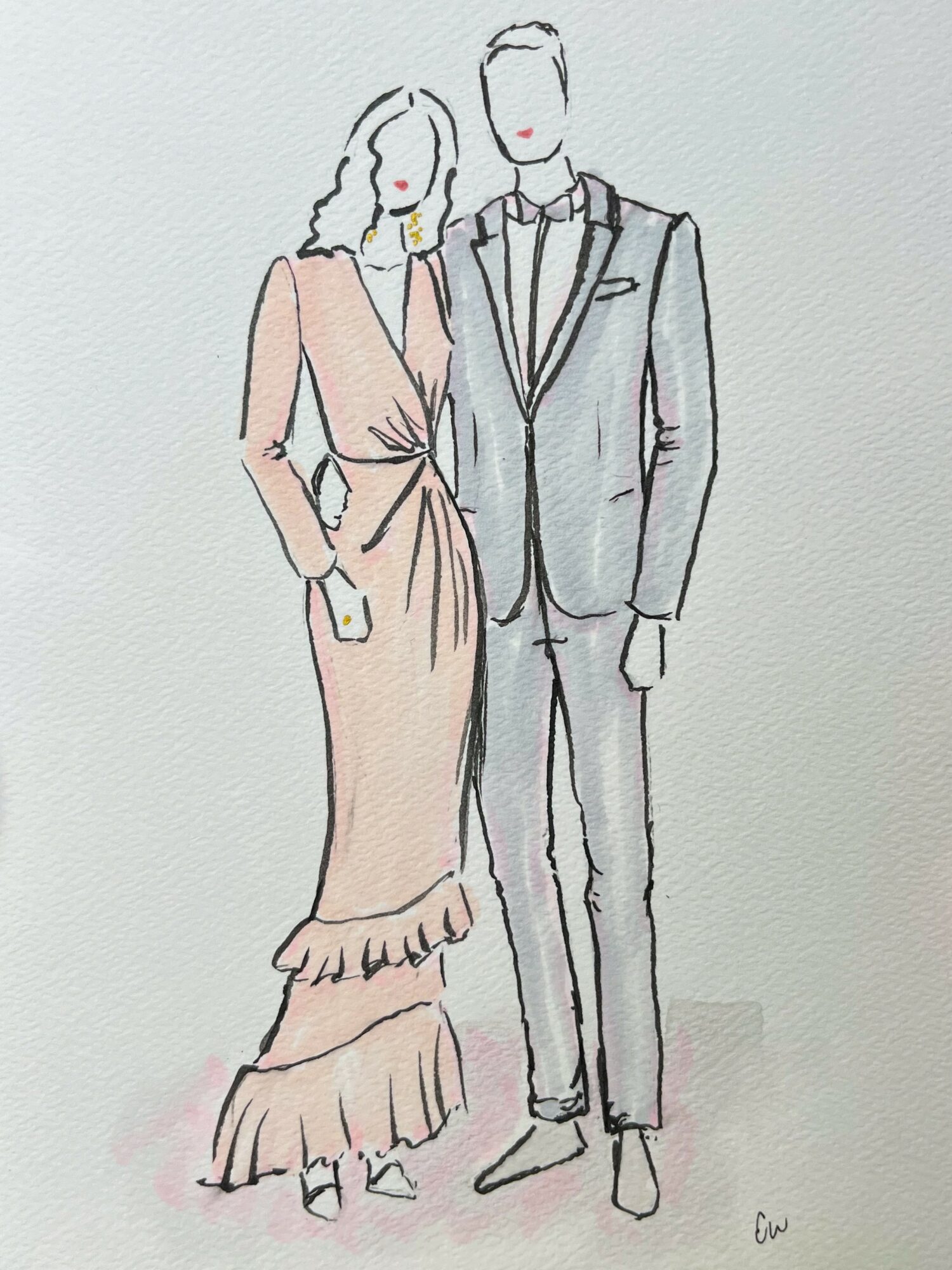 Line drawing of a woman in a long dress and a man in a suit standing together.