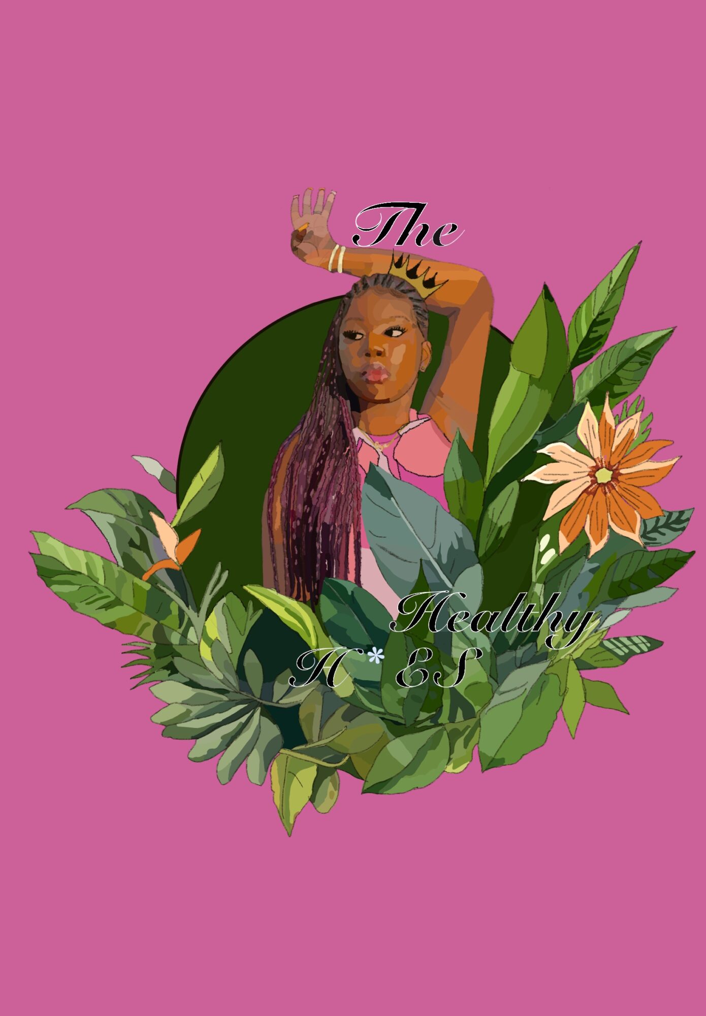 A woman with long braided hair surrounded by green leaves and orange flowers, with pink background and text overlay.