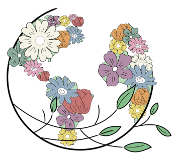 A crescent moon decorated with colorful flowers and green leaves, with a white background.