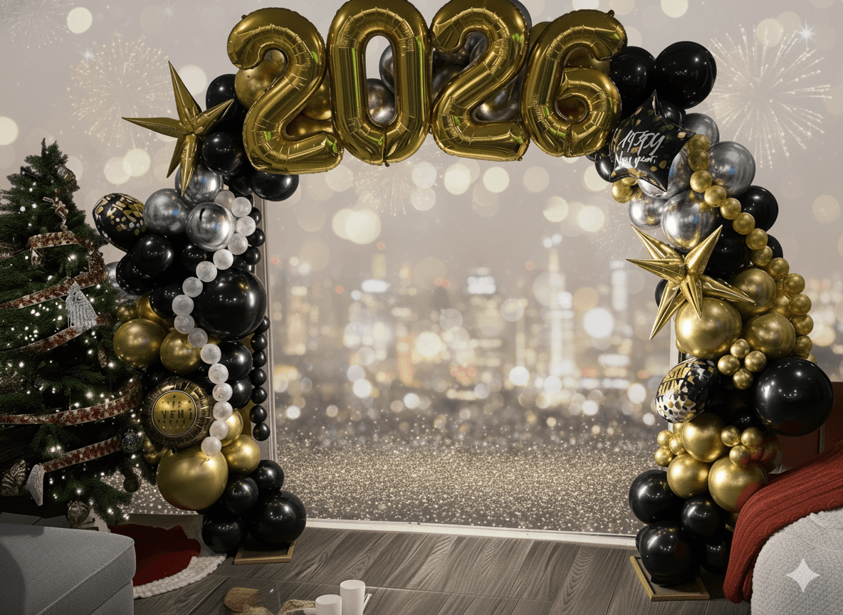 Decorative New Year celebration with gold and black balloons, '2026' balloons, and a cityscape backdrop, with a Christmas tree nearby.