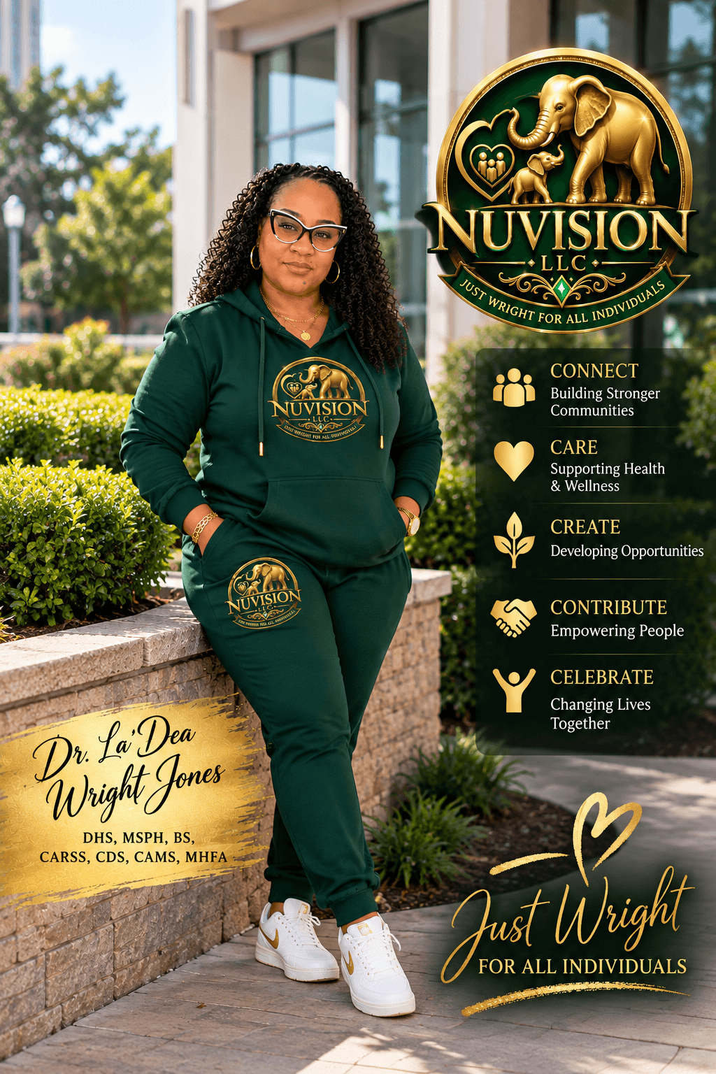Woman in green hoodie and pants standing outdoors near a building with Nuvizion logo and mission statement displayed beside her.
