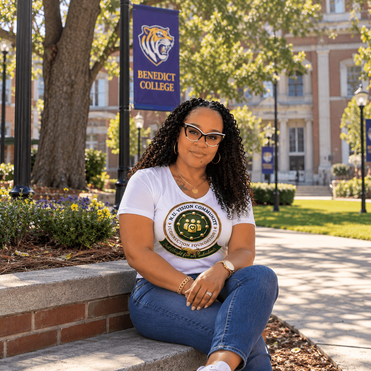 Woman sitting outdoors on a brick ledge, wearing glasses, a white T-shirt, and jeans, with college campus background.